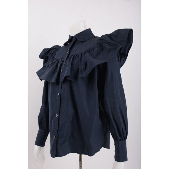 Cinq a Sept Womans Marcelle Ruffled Blouse Shirt XXS Navy Blue Taffeta NWT - Picture 5 of 7